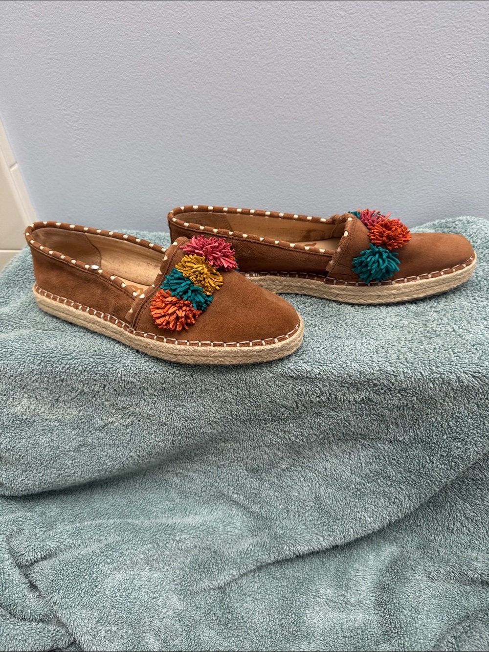 Sam Edelman Tan Suede Espadrille Loafers with Multicolor Pom Poms